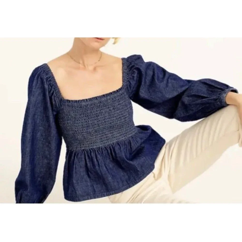 J Crew puff sleeve chambray smocked preppy top large